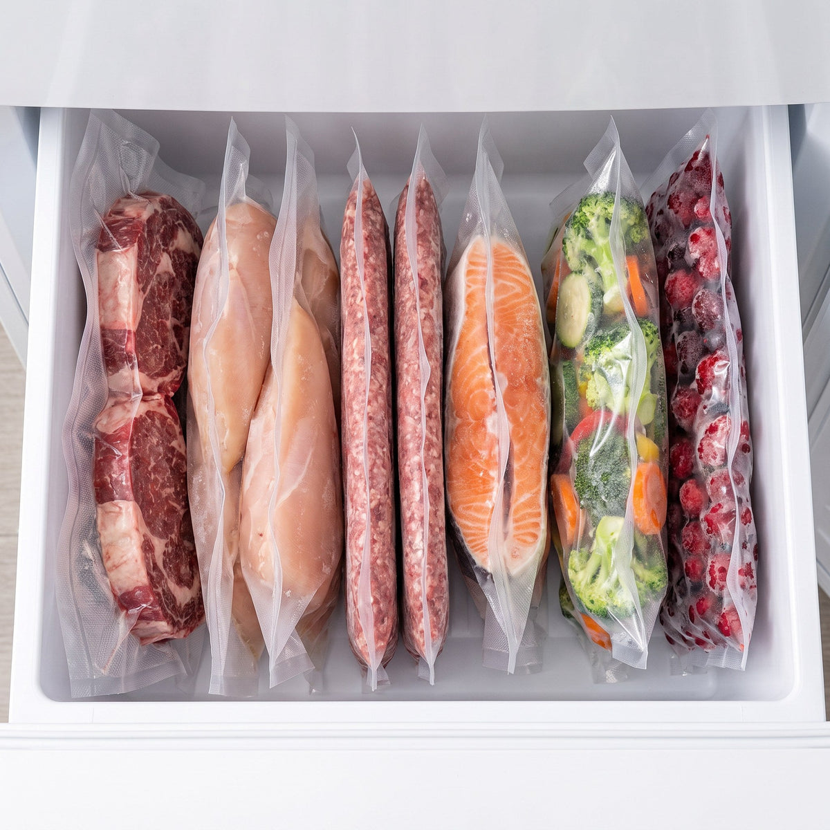 Freezer ordenado con alimentos al vacío