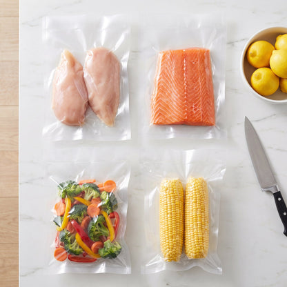 Pollo, pescado y verduras sellados al vacío